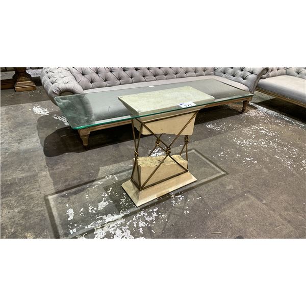 TRAVERTINE STONE WROUGHT IRON SUSPENDED GLASS TOP HALL TABLE 48" X 16" X 28"