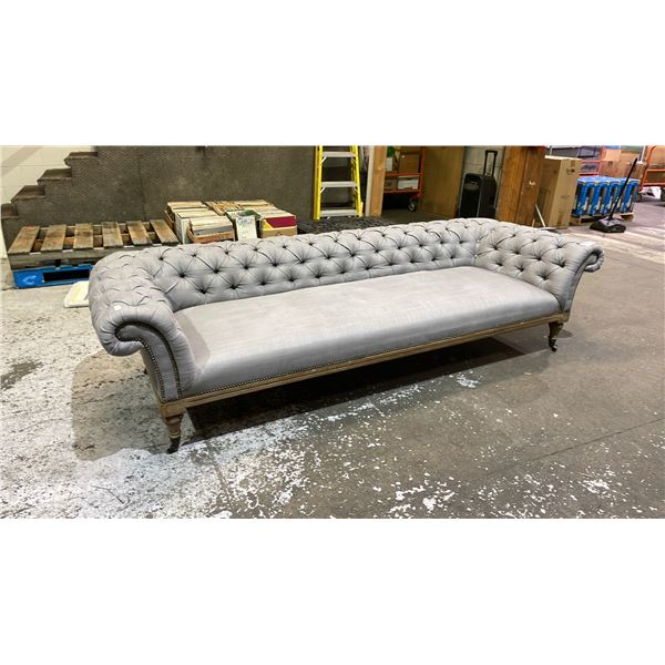 RESTORATION HARDWARE BUTTON BACK PORTABLE SOFA APPROX 100"W (SOME STAINS)