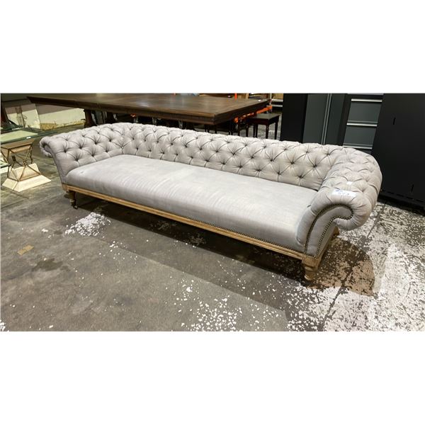 RESTORATION HARDWARE BUTTON BACK PORTABLE SOFA APPROX 100"W (SOME STAINS)