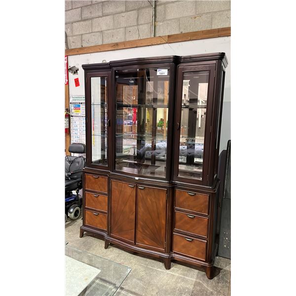 MAHOGANY BUFFET & CURVED GLASS FRONT HUTCH APPROX 60" X 16" X 81"