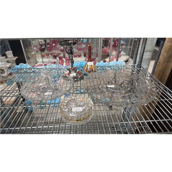 METAL CANDLESTICK, GLASS VASE, GLASS TRINKET BOX, GLASS SERVING TRAY & GLASS CENTER HANDLE PLATE