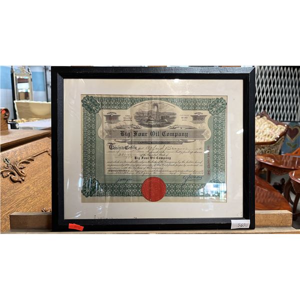 FRAMED 1914  BIG FOUR OIL COMPANY SHARE CERTIFICATE: APPROX. 15.5" X 12.5"