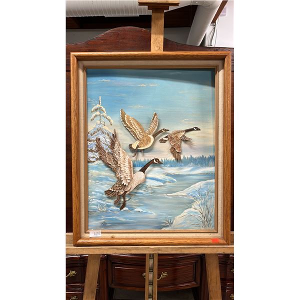 ORIGINAL FRAMED 3D PAPER LAYERING ON CANVAS OF CANADA GEESE BY GRACE MILNE: 22.L75" X 18.75"