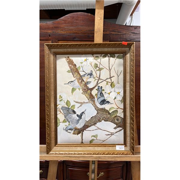 ORIGINAL FRAMED GRACE MILNE PAINT ON CANVAS OF WHITE BREASTED NUTHATCHES: 19" X 15"
