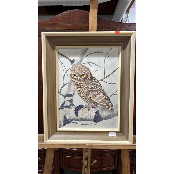 FRAMED PAINT ON CARDBOARD OF AN OWL: APPROX. 20.5" X 16.5"