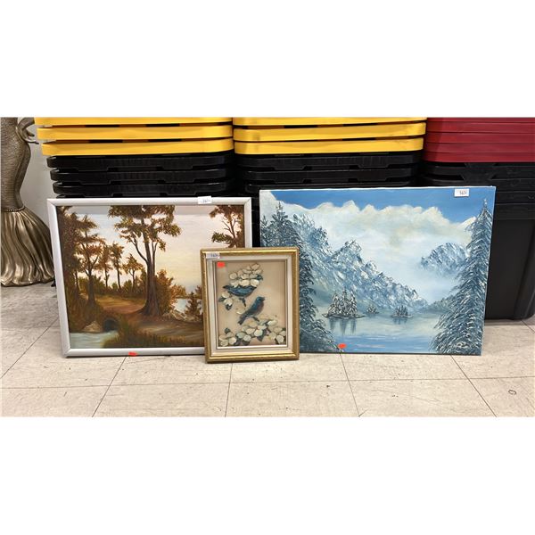 3D BLUEBIRD IN DOGWOOD ART & (2) ORIGINAL PAINTED LANDSCAPES: LARGEST IS 24" X 18"