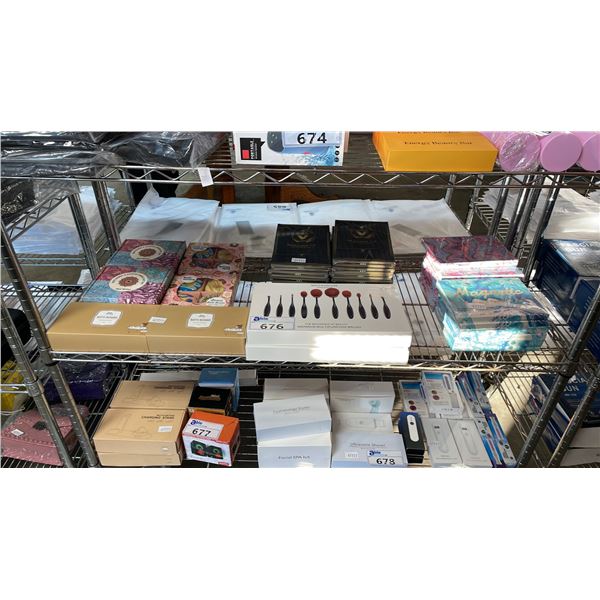 *NEW* SHELF OF ASSORTED ITEMS INCLUDING; BATH BOMBS, MAKEUP BRUSHES, MAGNETIC LASHES & MORE
