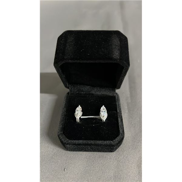 NEW PLATINUM PLATED MARQUISE CUT SIMULATED DIAMOND (CZ) HALF HALO LEVERBACK EARRINGS: 1 CT EACH