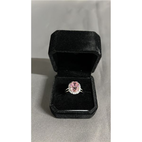 NEW PLATINUM PLATED 5 MM OVAL CUT PINK SIMULATED DIAMOND (CZ) HALO RING: SIZE 8