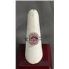 Image 2 : NEW PLATINUM PLATED 5 MM OVAL CUT PINK SIMULATED DIAMOND (CZ) HALO RING: SIZE 8