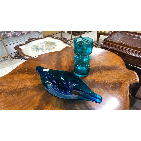 2PCS. MID CENTURY SCANDINAVIAN BLUE GLASSWARE - 19" CENTERPIECE BOWL & 10" VASE