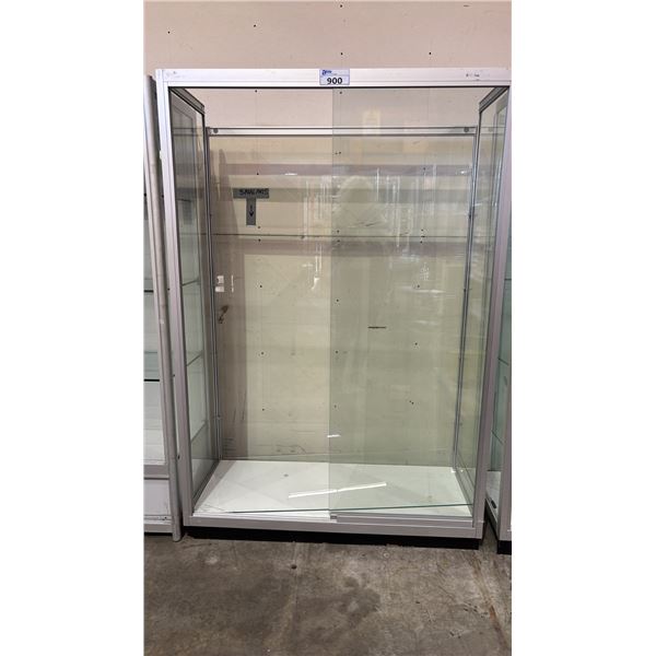 GLASS SHOWCASE *1 SHELF (JAMMED INSIDE), BACK PANEL NEEDS REPAIR*