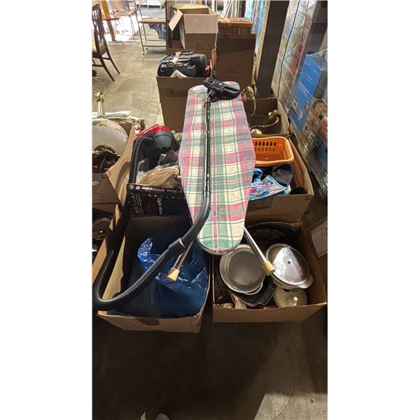 PALLET OF ASSORTED ITEMS INCLUDING; DIRT DEVIL VACUUM, IRONING BOARD, CHANDELIER & MORE