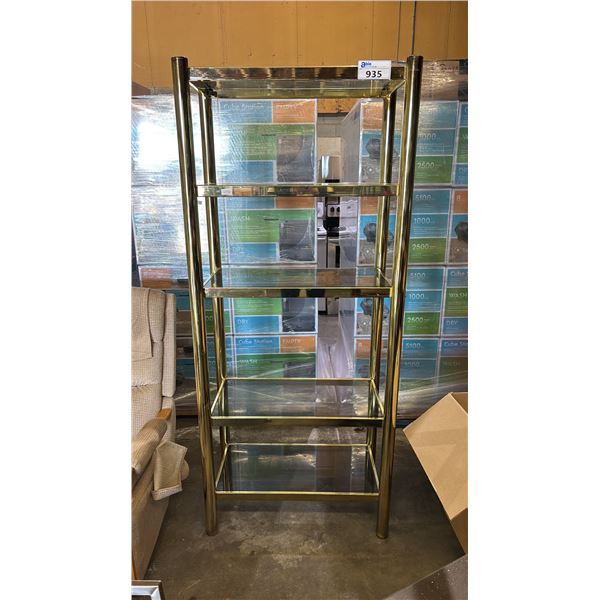 5-TIER BRASS COLORED & GLASS SHELVING UNIT 30.5" X 16" X 71"