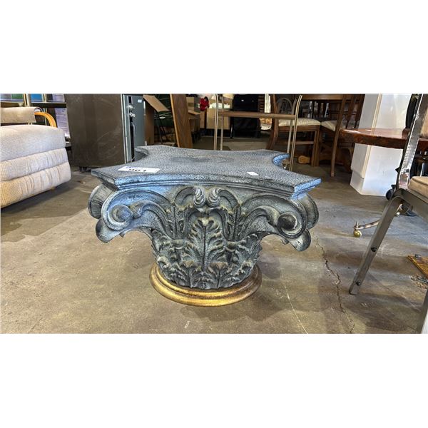 DARK GREY ROMANESQUE SIDE TABLE OR TABLE BASE: 16.5" T X 23.5"W X 24"D