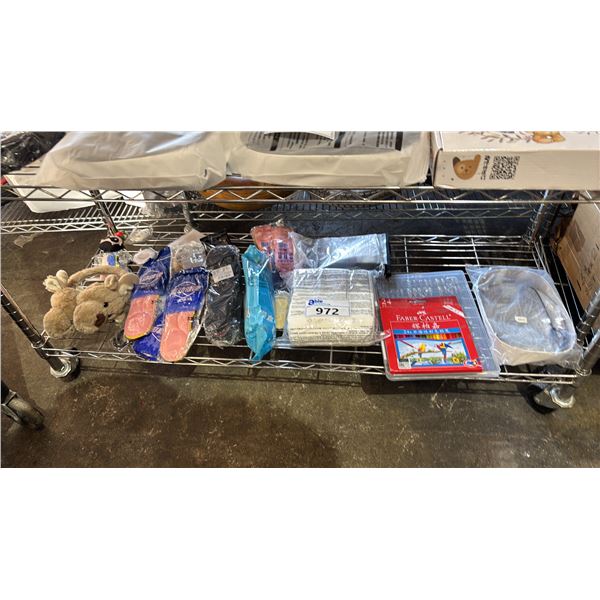 SHELF OF ASSORTED INSOLES, PEELABLE COTTON PADS, MOOSE EARMUFFS, GLUE-ON NAILS & MORE
