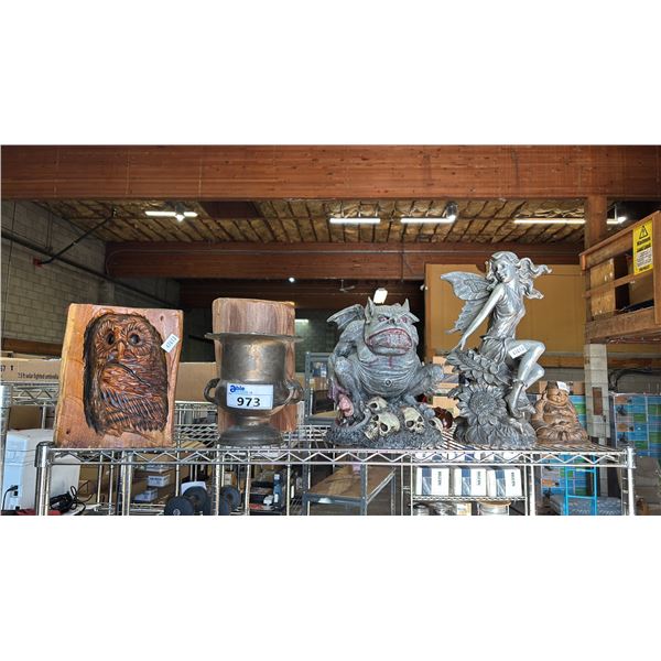 SHELF OF ASSORTED DECOR: CARVED WOOD OWL, METAL URN, BUDDHA, RESIN FAIRY STATUE, RESIN GARDEN