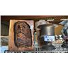 Image 2 : SHELF OF ASSORTED DECOR: CARVED WOOD OWL, METAL URN, BUDDHA, RESIN FAIRY STATUE, RESIN GARDEN