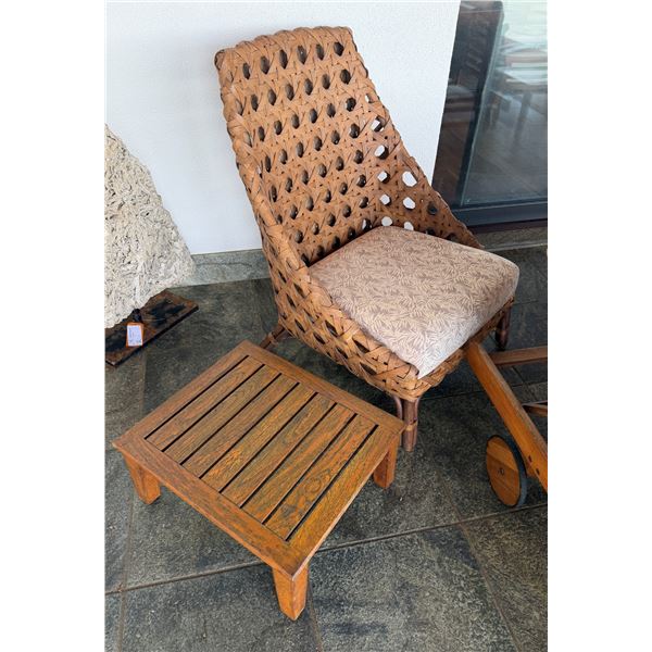 Rattan Side Chair w/ Woven Back & Seat Cushion 26" x 42"H w/ Wooden Table 20" x 23" x 10"H