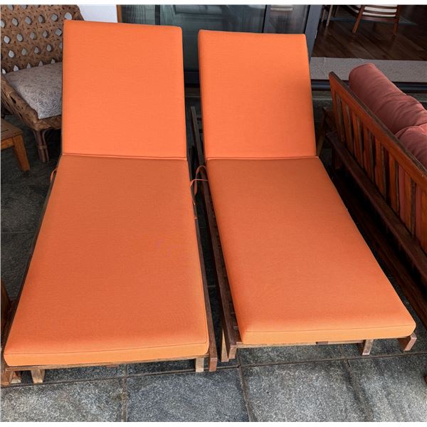 Qty 2 Wooden Slatted Chaise Lounge Chairs on Wheels w/ Adjustable Backrest & Orange Cushions 26" x 7