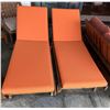 Image 1 : Qty 2 Wooden Slatted Chaise Lounge Chairs on Wheels w/ Adjustable Backrest & Orange Cushions 26" x 7