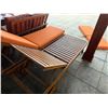 Image 6 : Qty 2 Wooden Slatted Chaise Lounge Chairs on Wheels w/ Adjustable Backrest & Orange Cushions 26" x 7