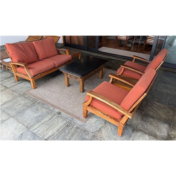 Wooden Slatted Loveseat w/ 2 Matching Chairs, Cushions & 2 Accent Tables, Misc Sizes