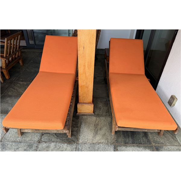 Qty 2 Wooden Slatted Chaise Lounge Chairs on Wheels w/ Adjustable Backrest & Orange Cushions 26" x 7