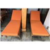 Image 1 : Qty 2 Wooden Slatted Chaise Lounge Chairs on Wheels w/ Adjustable Backrest & Orange Cushions 26" x 7