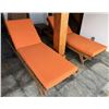 Image 2 : Qty 2 Wooden Slatted Chaise Lounge Chairs on Wheels w/ Adjustable Backrest & Orange Cushions 26" x 7
