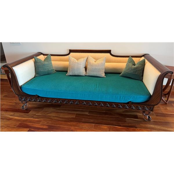American Empire-Style Wooden Sofa w/ Carved Waves, Arms & Feet, Upholstered Back & Cushions  94" x 4