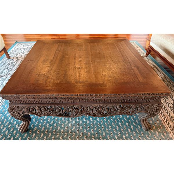 Carved Wooden Low Coffee Table w/ Floral Motif & Cabriole Legs 48" x 48" x 18"H