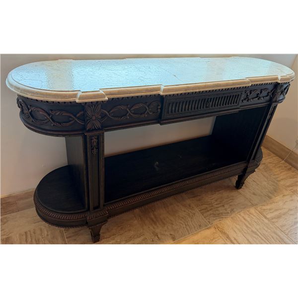 Carved Wooden Oval Entry Console Table w/ Stone Top & Undershelf 70" x 19" x 40"H