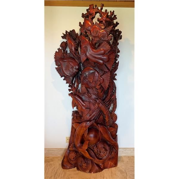 Large Carved Wooden Sculpture Depicting an Underwater Marine Life Scene 36"W x 95"H