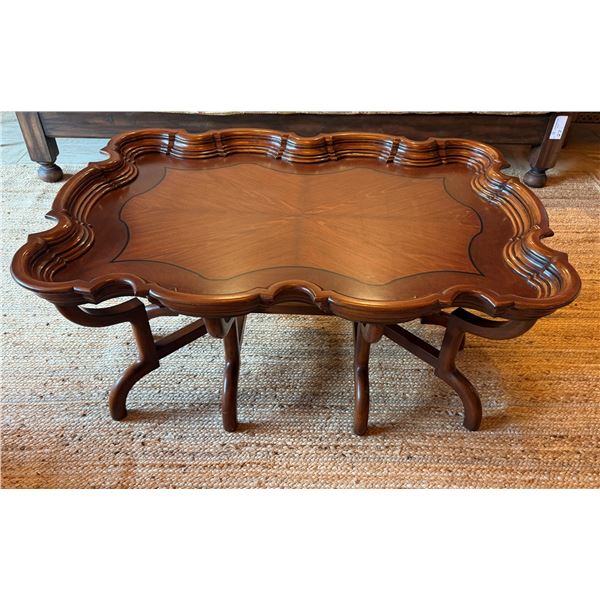 Carved Wooden Scalloped-Edge Coffee Table w/ Raised Rim 48" x 33" x 20"H