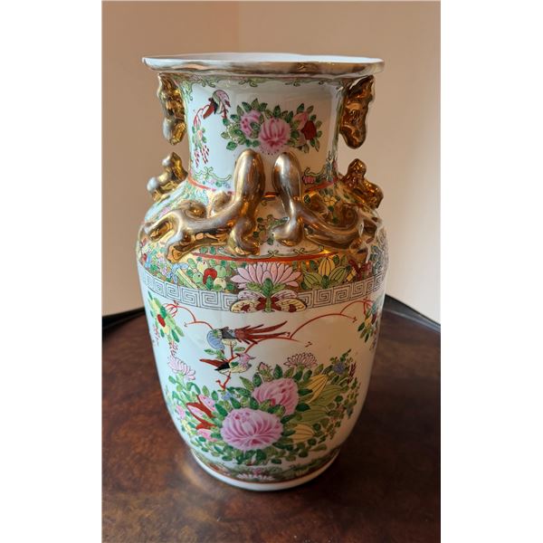 Large Chinese Famille Rose Vase w/ Maker's Mark 7" Dia, 14"H