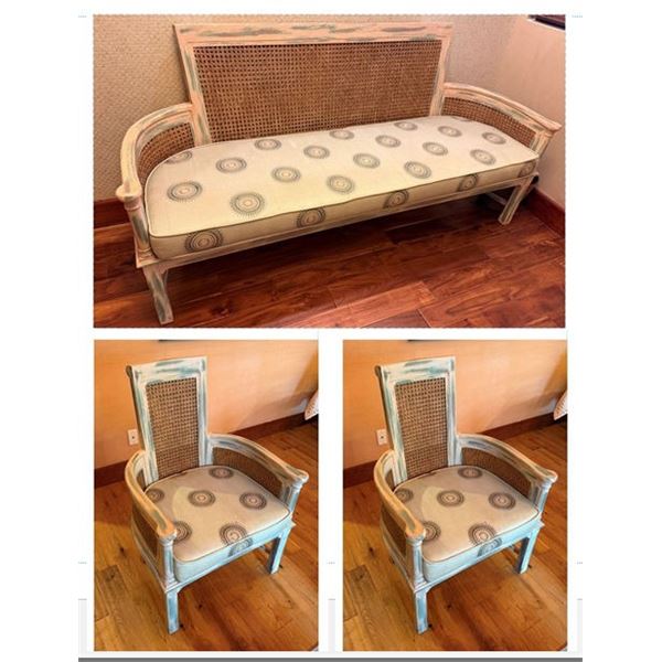 Rattan Settee w/ Reclaimed Natural Wood Finish & Seat Cushion, & Matching Chair, Misc Sizes