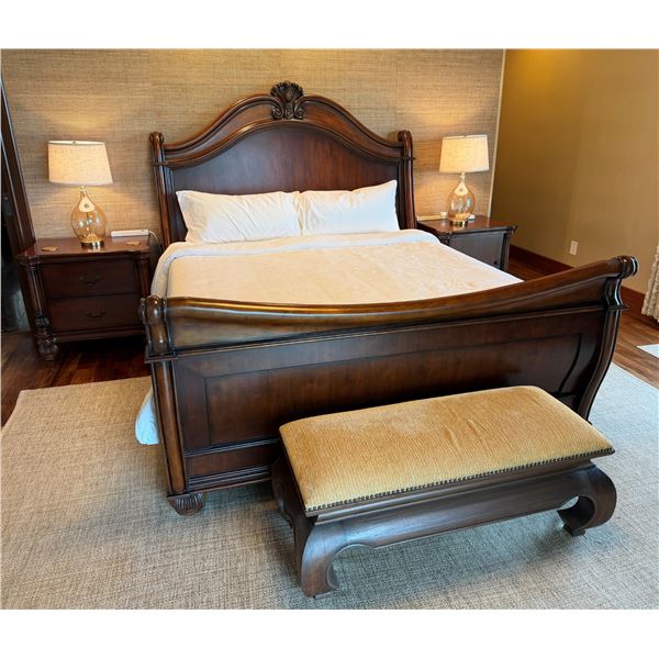 Wooden Sleigh Bed w/ Upholstered Bench, 2 Lamps & 2 Nightstands (mattress not included)