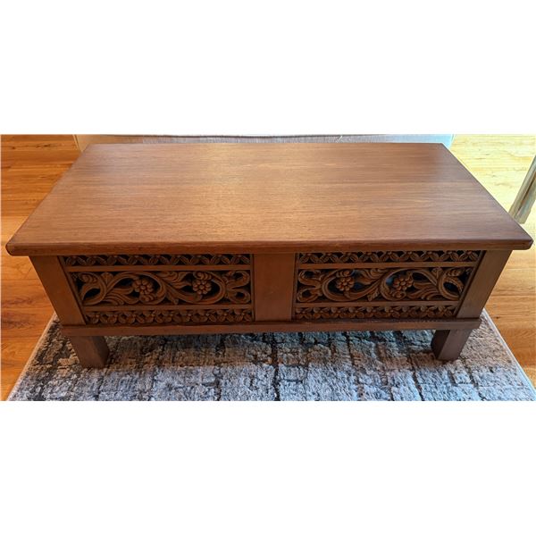 Carved Wooden Low Coffee Table w/ Floral Motif 36" x 18" x 14"H