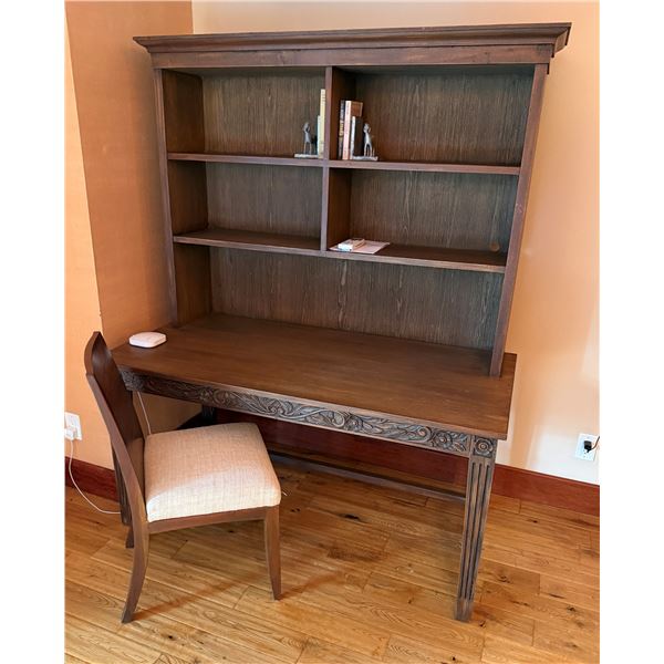 Carved Wooden Desk w/ Hutch 60" x 30" x 75"H & Matching Chair w/ Upholstered Seat 36"H (contents not