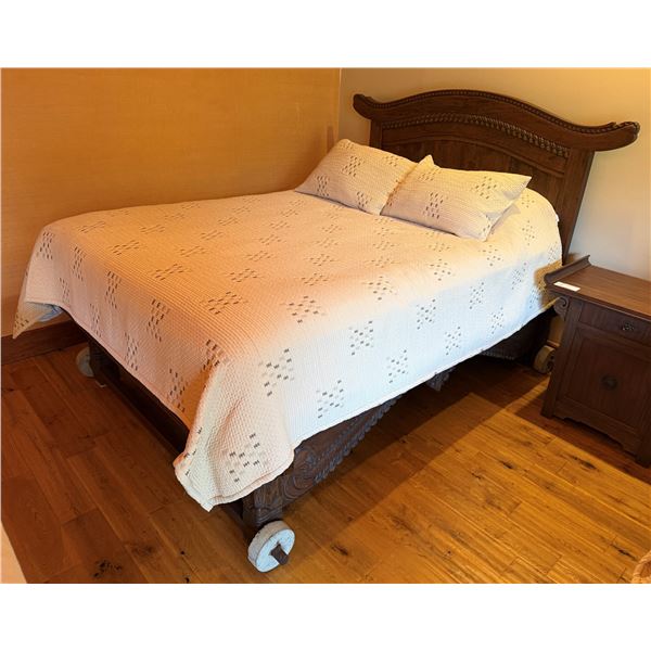 Carved Wooden Bedframe on Wheels w/ Curved Headboard  81" x 54"  (mattress not included)
