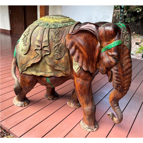 Carved Wooden Elephant w/ Saddle Statue 35" x 15" x 38"H