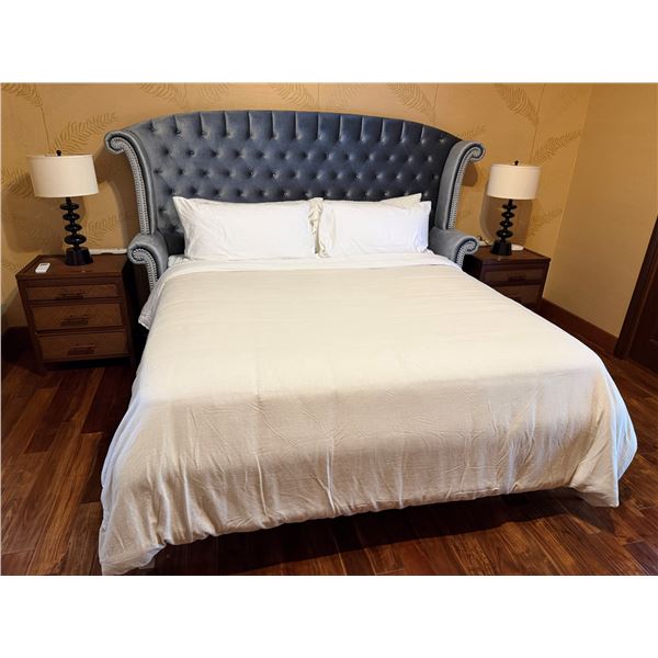 Bedroom Set w/ Curved Tufted Headboard, 2 Lamps & 2 Nightstands, Misc Sizes (mattress not included)
