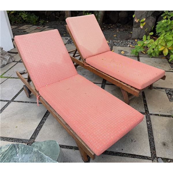 Qty 2 Wooden Slatted Chaise Lounge Chairs on Wheels w/ Adjustable Backrest & Pink Cushions 26" x 75"