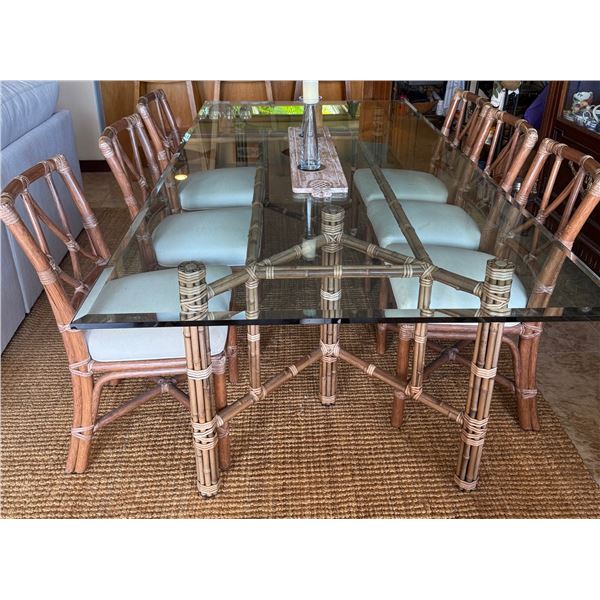 McGuire Glass Top Dining Table w/ Leather Wrapped Bamboo Legs 44" x 88" & 6 Chairs