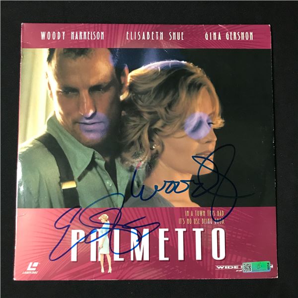 WOODY HARRELSON AND ELIZABETH SHUE SIGNED PALMETTO LASER DISC SLEEVE - CELEBRITY COA
