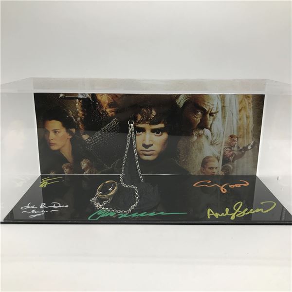 MULTI SIGNED LORD OF THE RINGS PRESENTATION PIECE - WOOD, ASTIN, SERKIS, BLOOM & RHYS DAVIES - WWOC