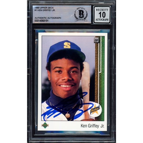 1989 UPPER DECK KEN GRIFFEY JR SIGNED TRADING CARD - BECKETT GRADE 10