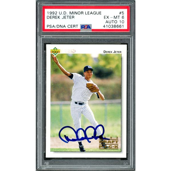 1992 UPPER DECK MINOR LEAGUE DEREK JETER SIGNED TRADING CARD - PSA GRADE 6/10