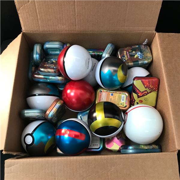 BOX OF POKEMON TINS AND BALLS